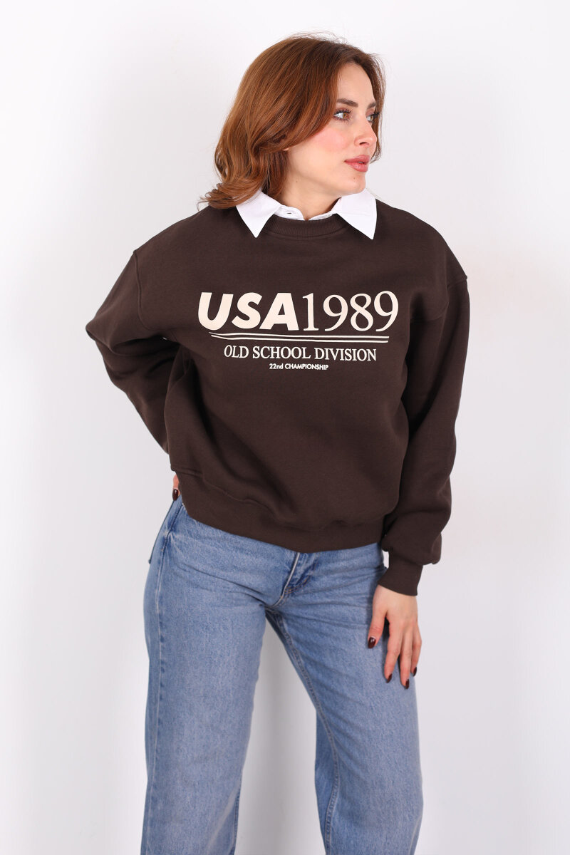 Bisiklet Yaka USA Yazılı Acı Kahve Kadın Üç İplik Sweat - 1