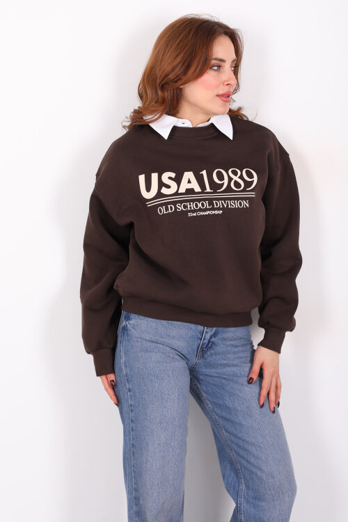 Bisiklet Yaka USA Yazılı Acı Kahve Kadın Üç İplik Sweat - 6