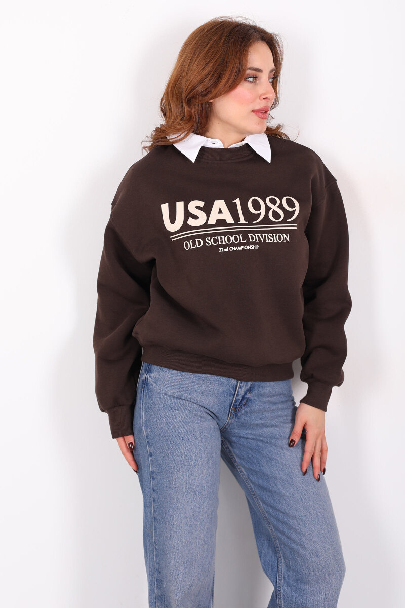 Bisiklet Yaka USA Yazılı Acı Kahve Kadın Üç İplik Sweat - 6