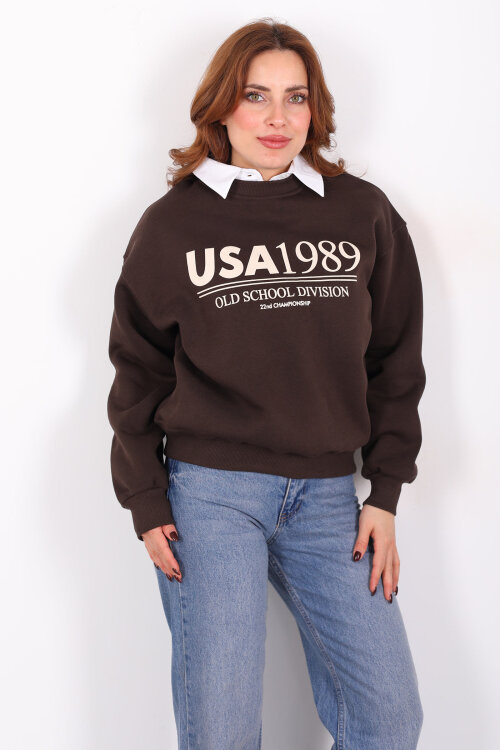 Bisiklet Yaka USA Yazılı Acı Kahve Kadın Üç İplik Sweat - 3