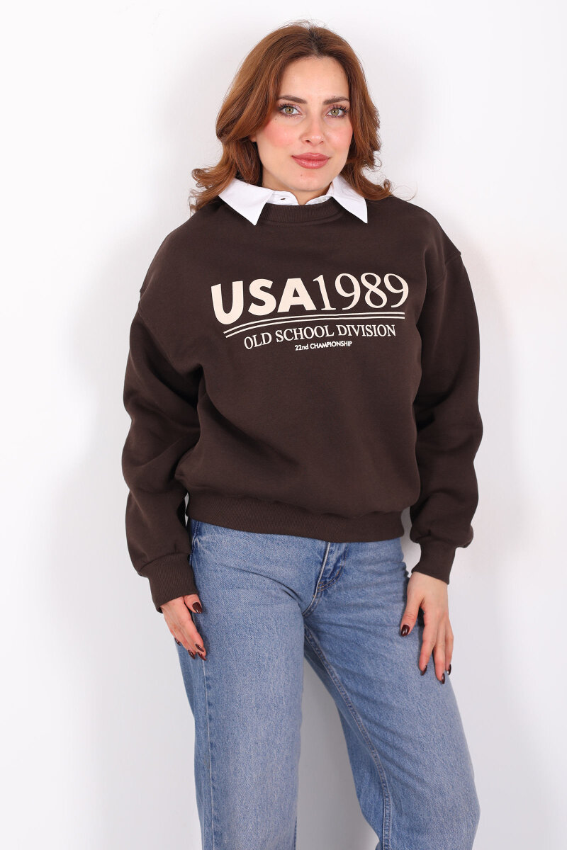 Bisiklet Yaka USA Yazılı Acı Kahve Kadın Üç İplik Sweat - 3