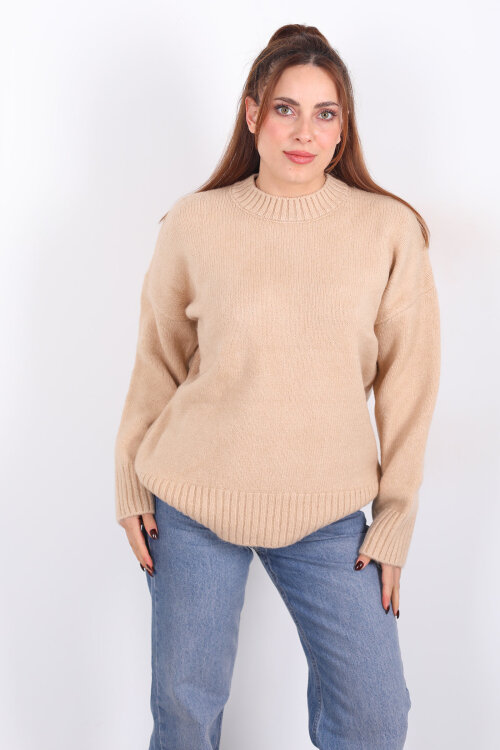 Bisiklet Yaka Uzun Kol Bej Kadın Triko Kazak - 3