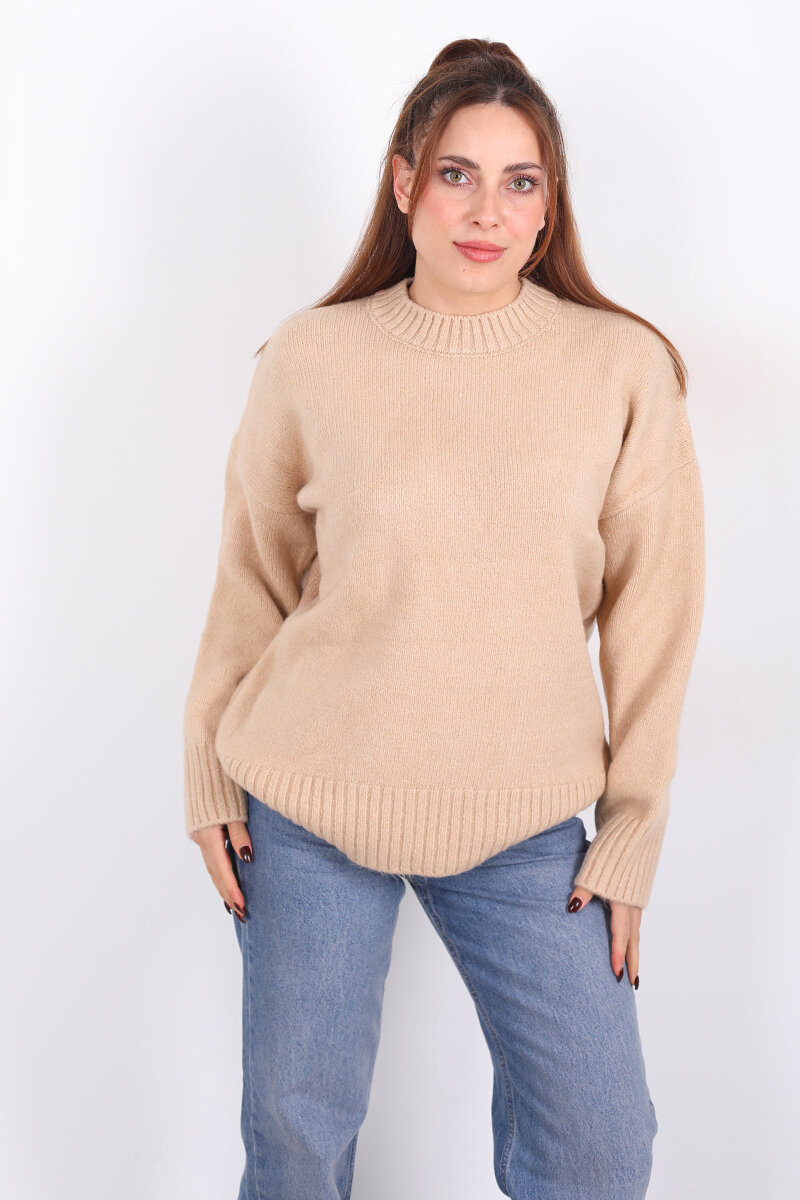 Bisiklet Yaka Uzun Kol Bej Kadın Triko Kazak - 3