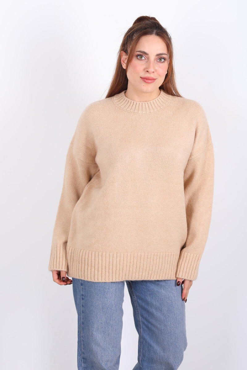 Bisiklet Yaka Uzun Kol Bej Kadın Triko Kazak - 5