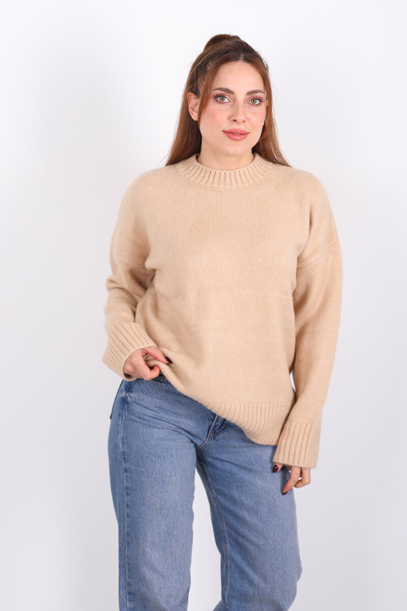 Bisiklet Yaka Uzun Kol Bej Kadın Triko Kazak - 4