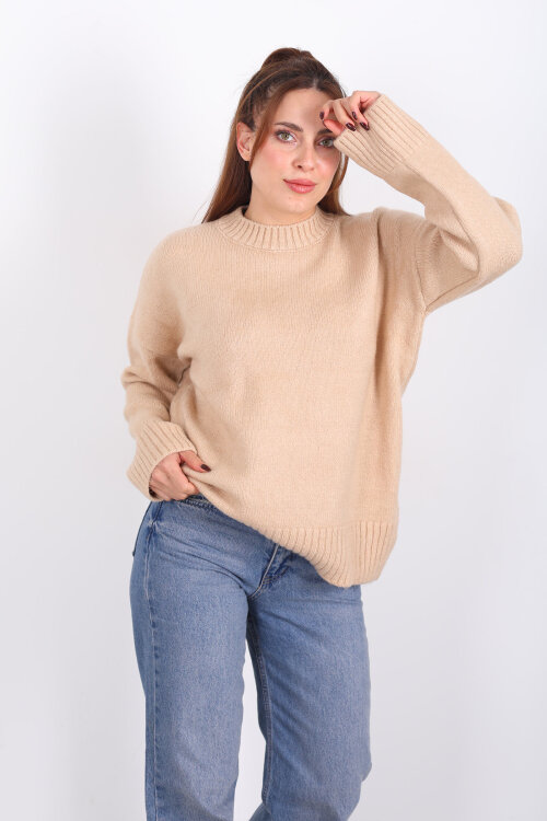 Bisiklet Yaka Uzun Kol Bej Kadın Triko Kazak - Berox