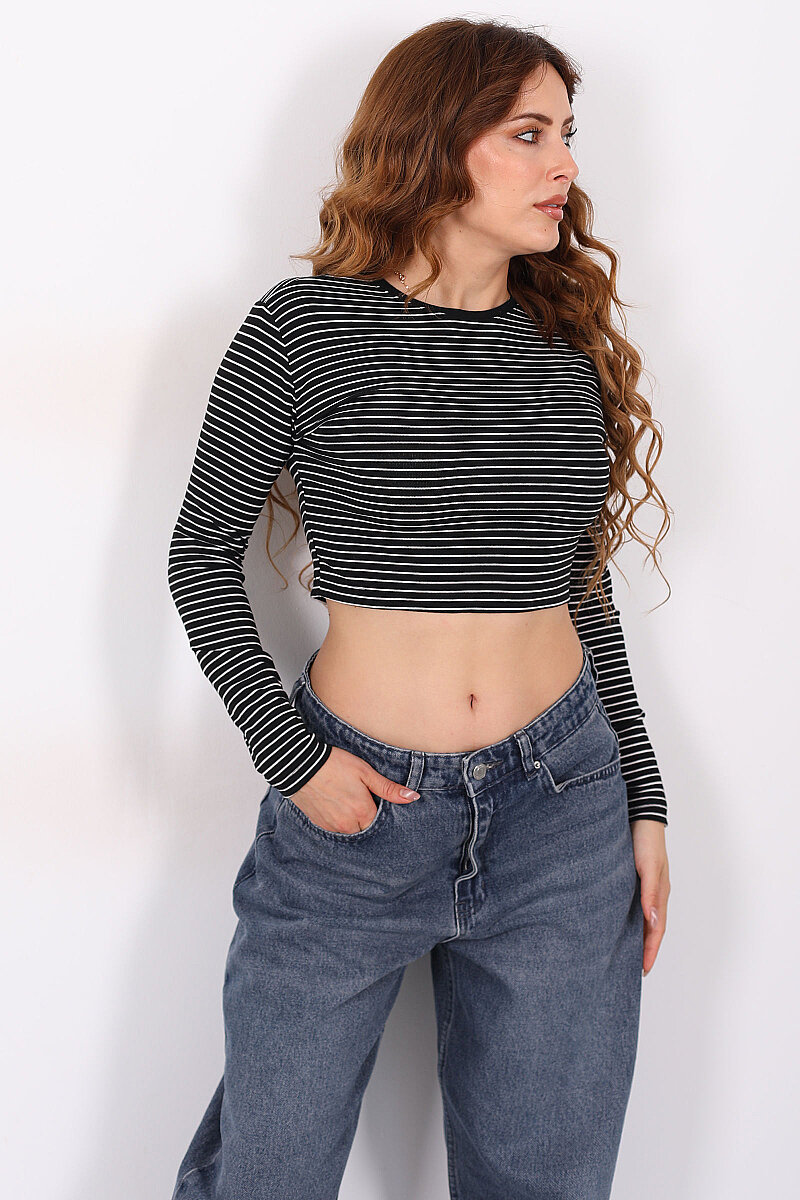 Bisiklet Yaka Uzun Kol Siyah Kadın Çizgili Crop - 6