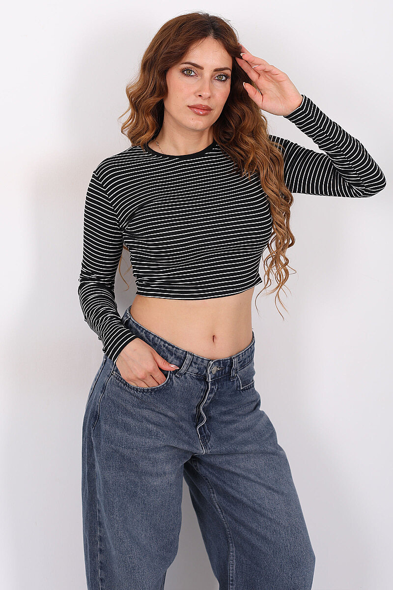 Bisiklet Yaka Uzun Kol Siyah Kadın Çizgili Crop - 1