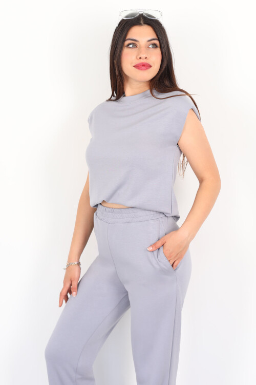 Bisiklet Yaka Vatkalı Gri Kadın Modal Takım - 6