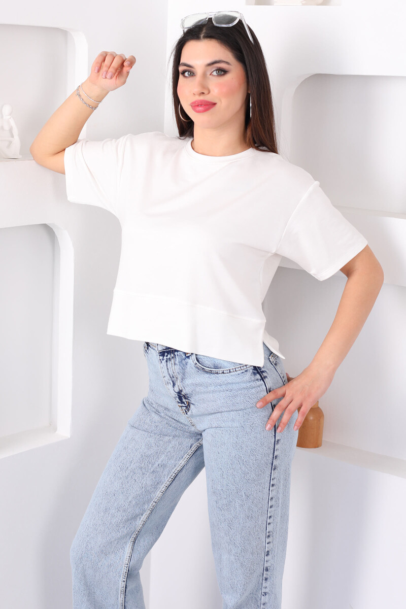 Bisiklet Yaka Yanı Yırtmaçlı Oversize Beyaz Kadın Kazak - 3