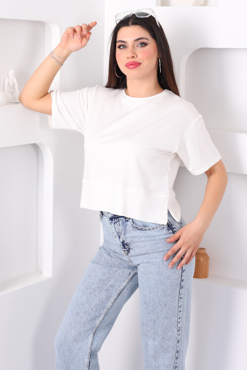 Bisiklet Yaka Yanı Yırtmaçlı Oversize Beyaz Kadın Kazak 