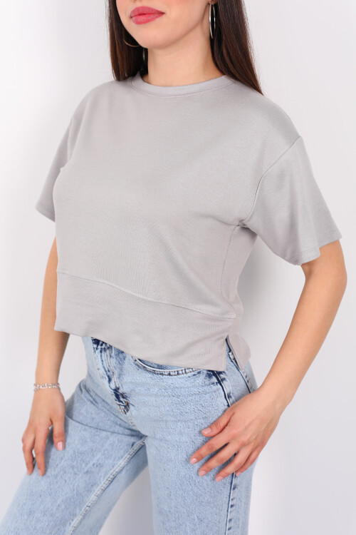 Bisiklet Yaka Yanı Yırtmaçlı Oversize Gri Kadın Kazak - 2