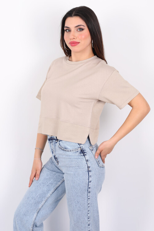 Bisiklet Yaka Yanı Yırtmaçlı Oversize Taş Rengi Kadın Kazak - 3