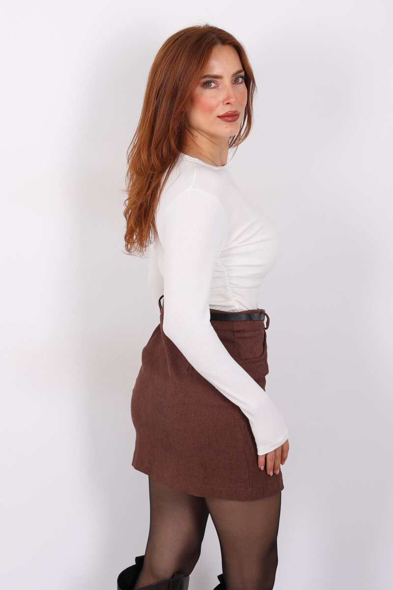 Bisiklet Yaka Yanları Büzgülü Beyaz Kadın Body - 5