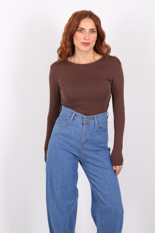 Bisiklet Yaka Yanları Büzgülü Kahverengi Kadın Body - 6