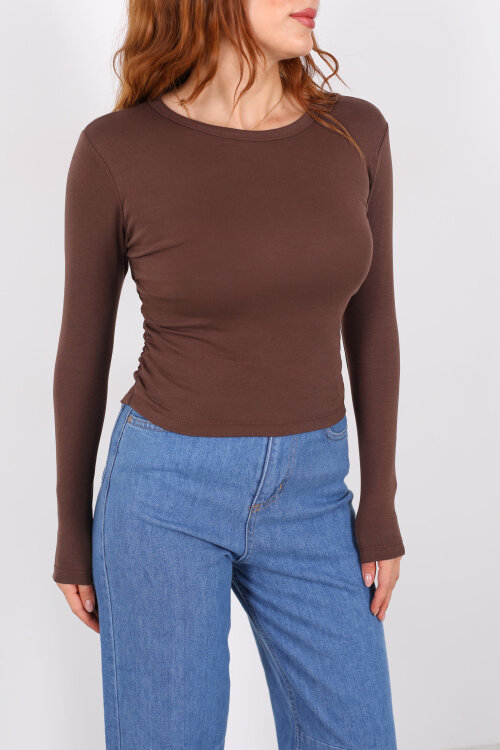 Bisiklet Yaka Yanları Büzgülü Kahverengi Kadın Body - Berox (1)