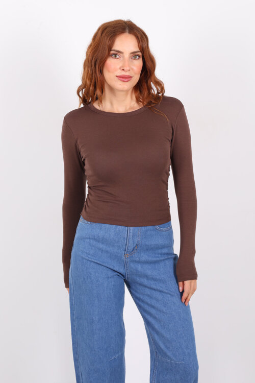 Bisiklet Yaka Yanları Büzgülü Kahverengi Kadın Body - 4