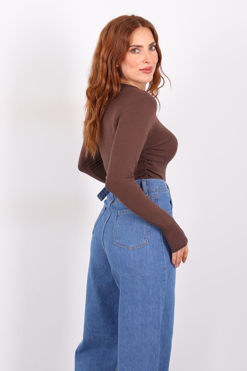 Bisiklet Yaka Yanları Büzgülü Kahverengi Kadın Body - 5