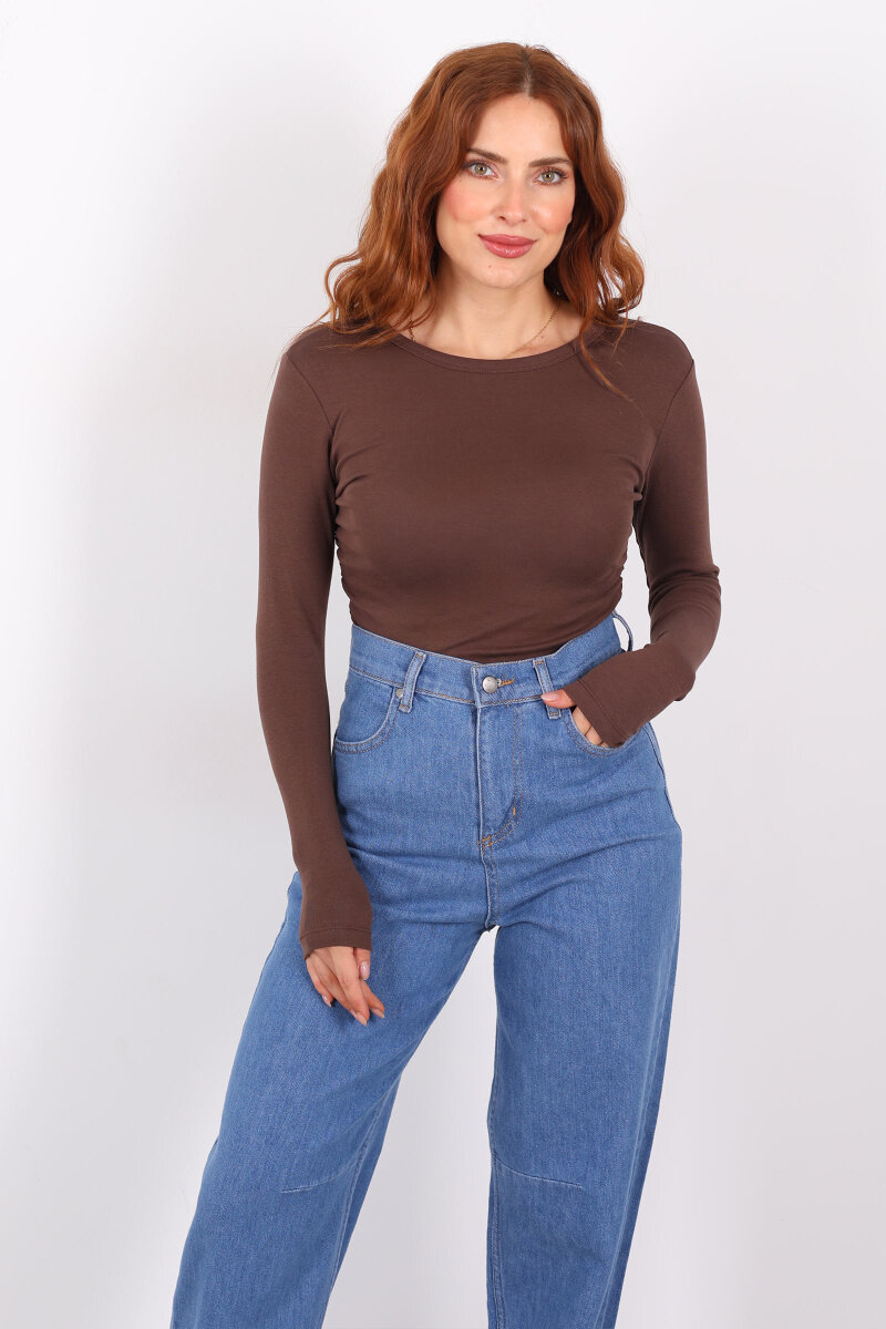 Bisiklet Yaka Yanları Büzgülü Kahverengi Kadın Body - 3