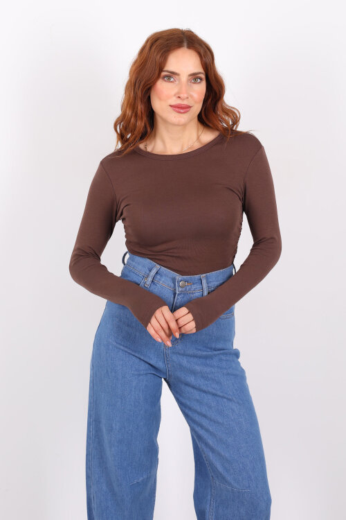 Bisiklet Yaka Yanları Büzgülü Kahverengi Kadın Body - Berox