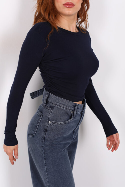 Bisiklet Yaka Yanları Büzgülü Lacivert Kadın Body - Berox (1)