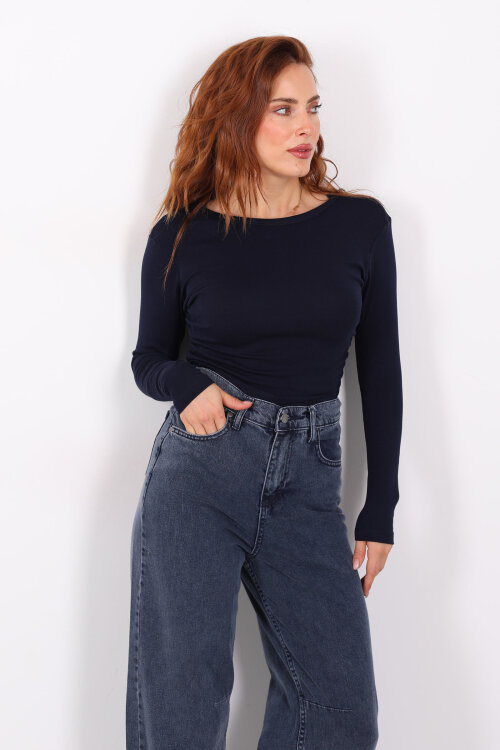 Bisiklet Yaka Yanları Büzgülü Lacivert Kadın Body - Berox