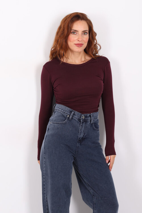 Bisiklet Yaka Yanları Büzgülü Mürdüm Kadın Body - Berox