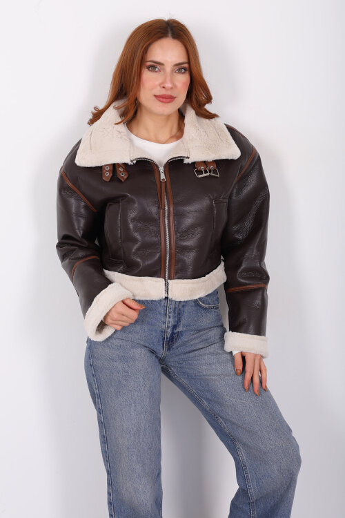 Biye Detaylı Deri Lamineli Acı Kahve Kadın Mont - 4