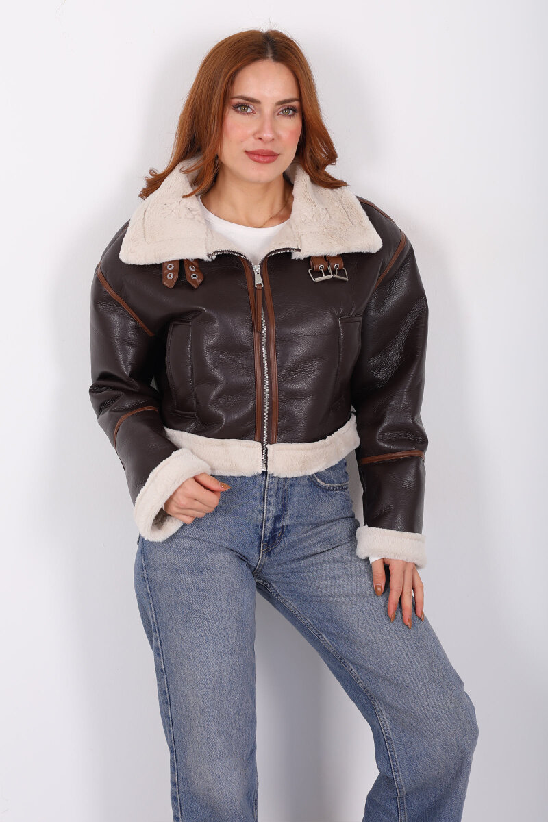 Biye Detaylı Deri Lamineli Acı Kahve Kadın Mont - 4