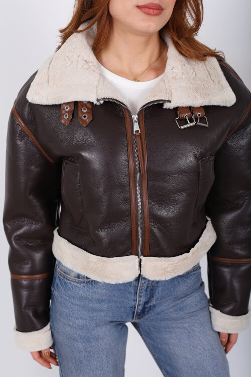 Biye Detaylı Deri Lamineli Acı Kahve Kadın Mont - Berox (1)