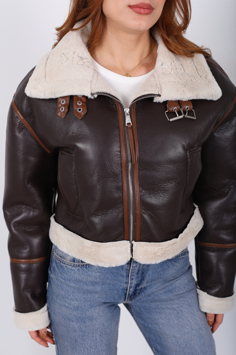 Biye Detaylı Deri Lamineli Acı Kahve Kadın Mont - 2