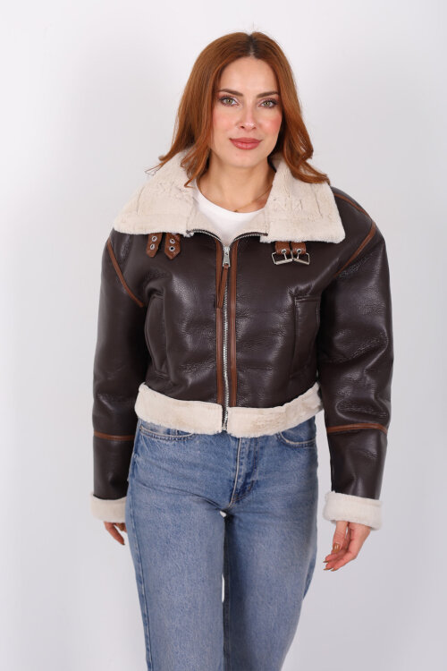 Biye Detaylı Deri Lamineli Acı Kahve Kadın Mont - 7