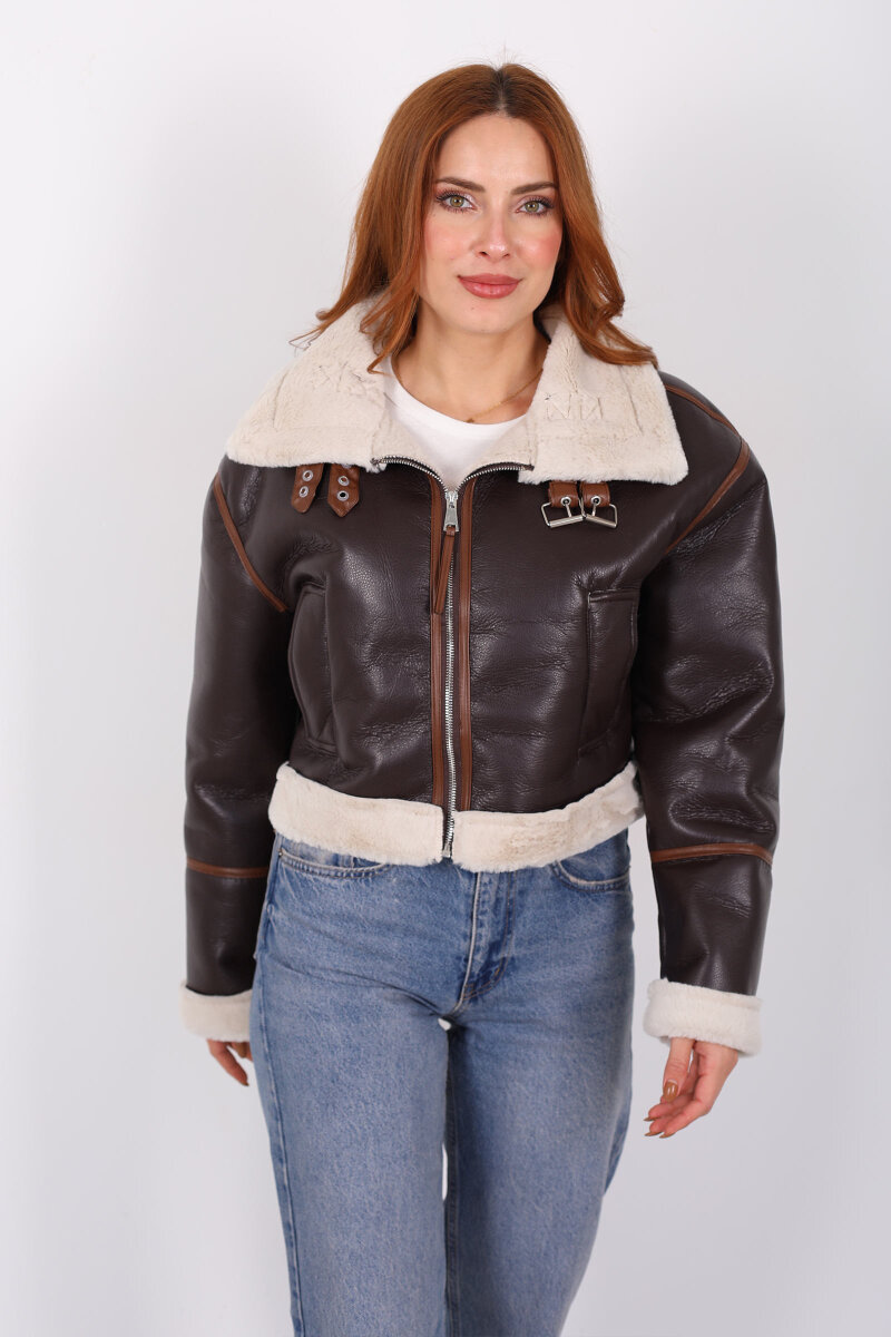 Biye Detaylı Deri Lamineli Acı Kahve Kadın Mont - 7