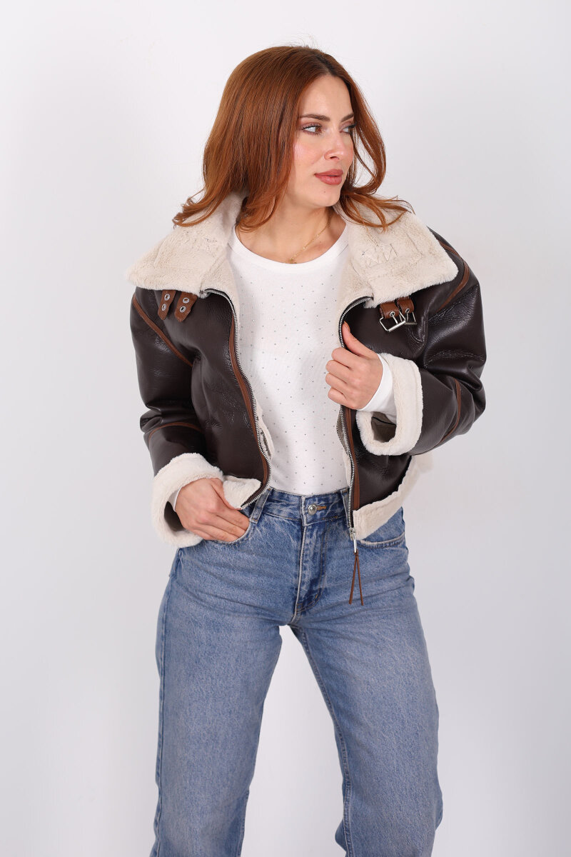 Biye Detaylı Deri Lamineli Acı Kahve Kadın Mont - 6