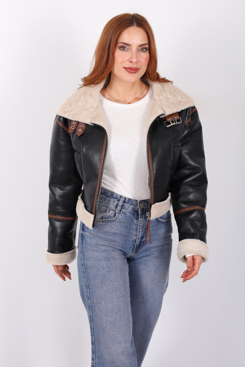 Biye Detaylı Deri Lamineli Siyah Kadın Mont - 7