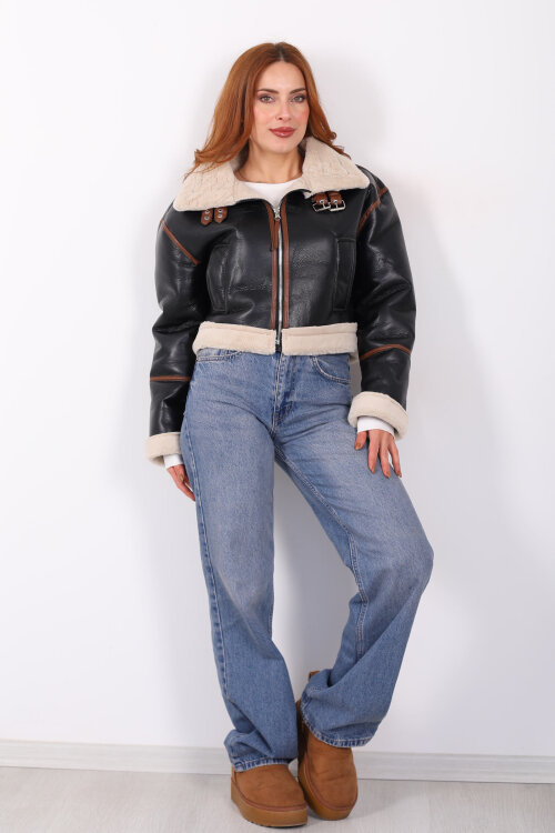 Biye Detaylı Deri Lamineli Siyah Kadın Mont - 4