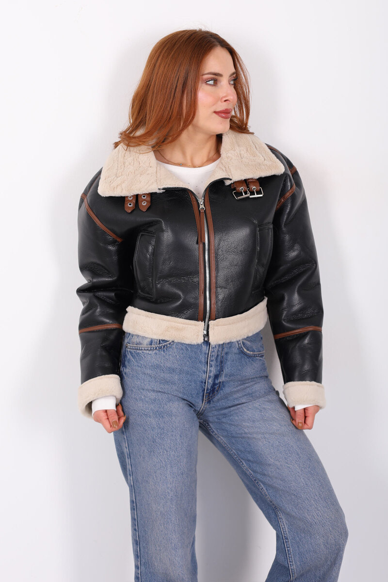 Biye Detaylı Deri Lamineli Siyah Kadın Mont - 5