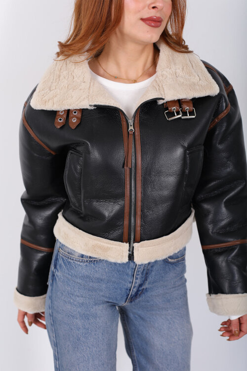 Biye Detaylı Deri Lamineli Siyah Kadın Mont - Berox (1)