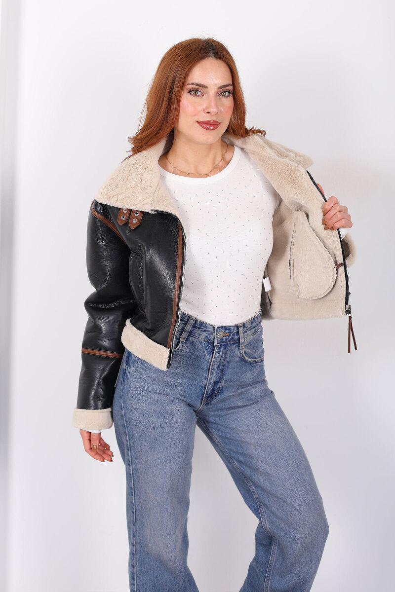 Biye Detaylı Deri Lamineli Siyah Kadın Mont - 1