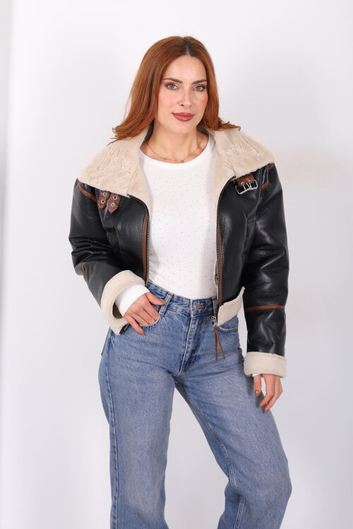 Biye Detaylı Deri Lamineli Siyah Kadın Mont - 3