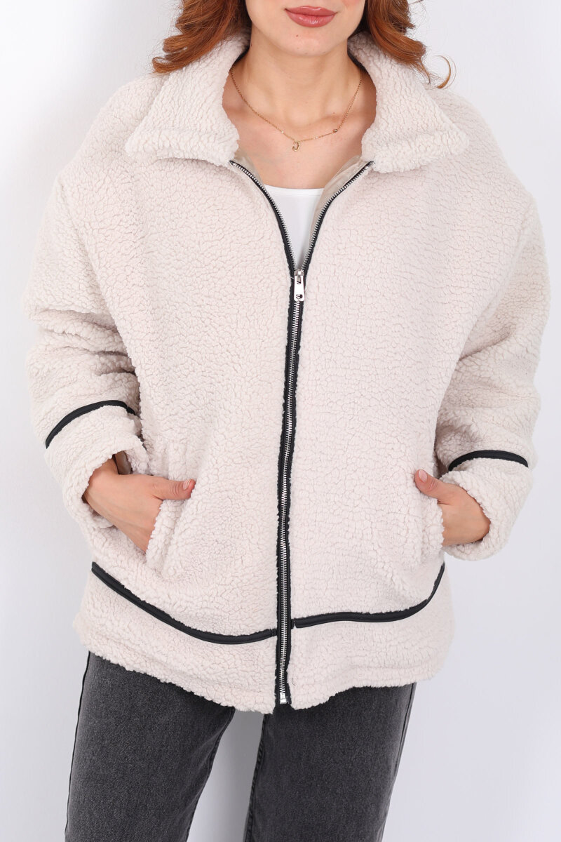 Biyeli Cepli Krem Kadın Peluş Ceket - 2