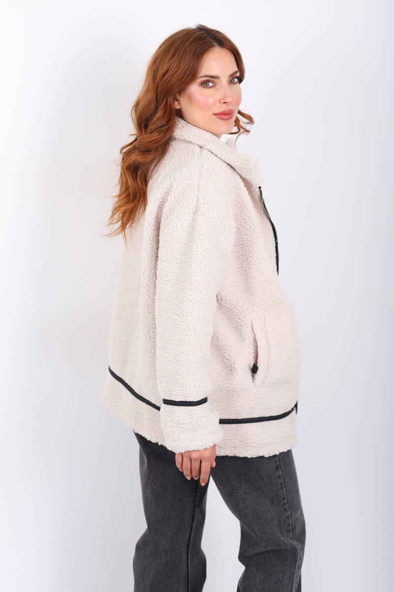Biyeli Cepli Krem Kadın Peluş Ceket - 5