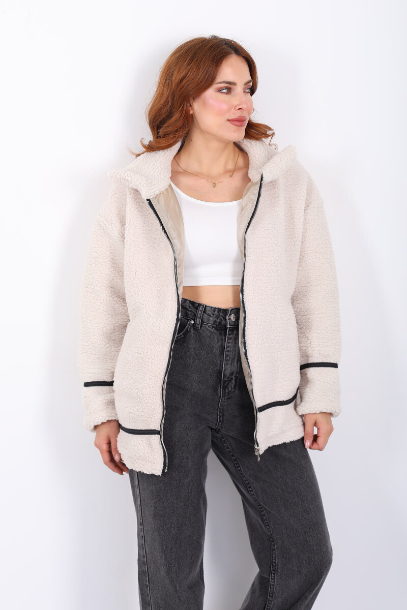 Biyeli Cepli Krem Kadın Peluş Ceket - 4