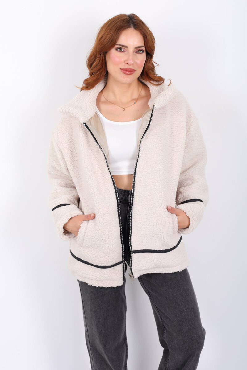 Biyeli Cepli Krem Kadın Peluş Ceket - 6