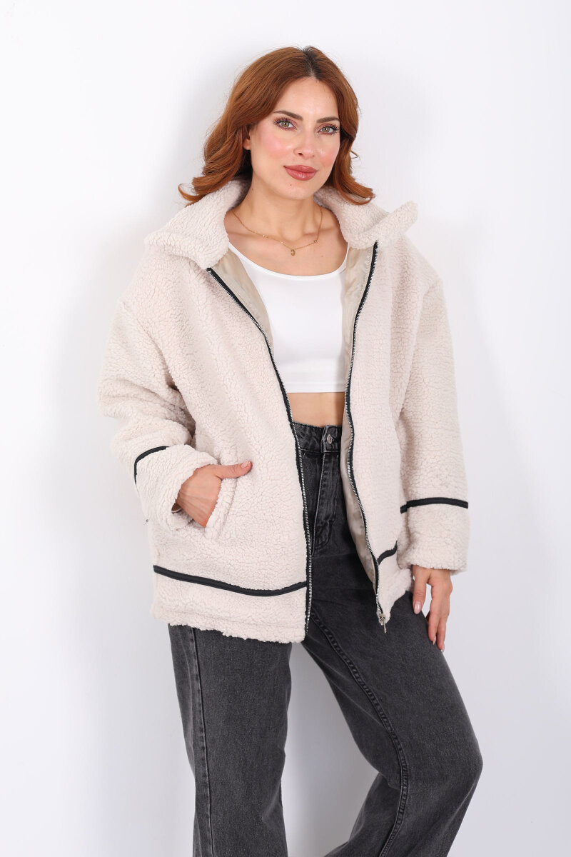 Biyeli Cepli Krem Kadın Peluş Ceket - 1