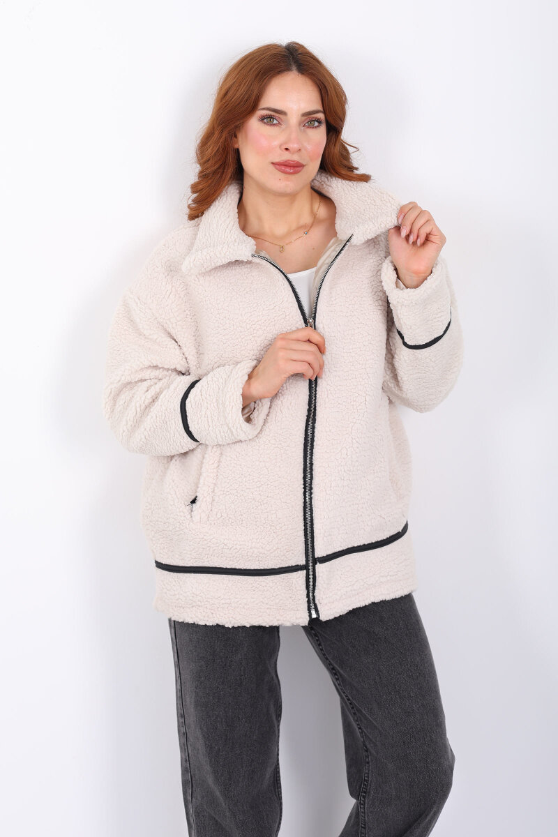 Biyeli Cepli Krem Kadın Peluş Ceket - 3