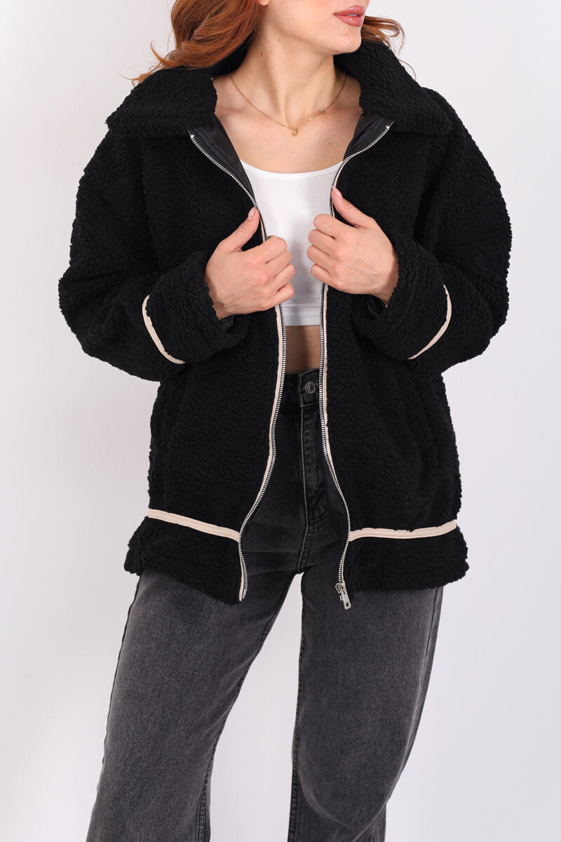 Biyeli Cepli Siyah Kadın Peluş Ceket - 2