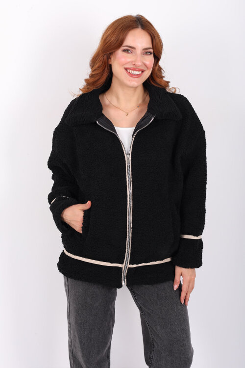 Biyeli Cepli Siyah Kadın Peluş Ceket - 4