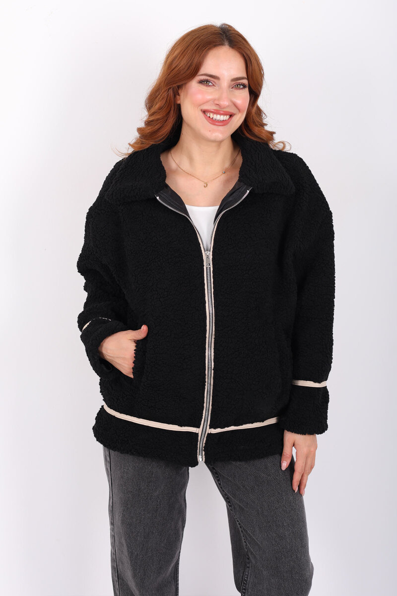 Biyeli Cepli Siyah Kadın Peluş Ceket - 4