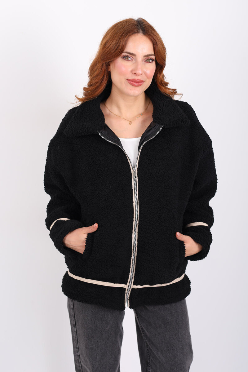 Biyeli Cepli Siyah Kadın Peluş Ceket - 1